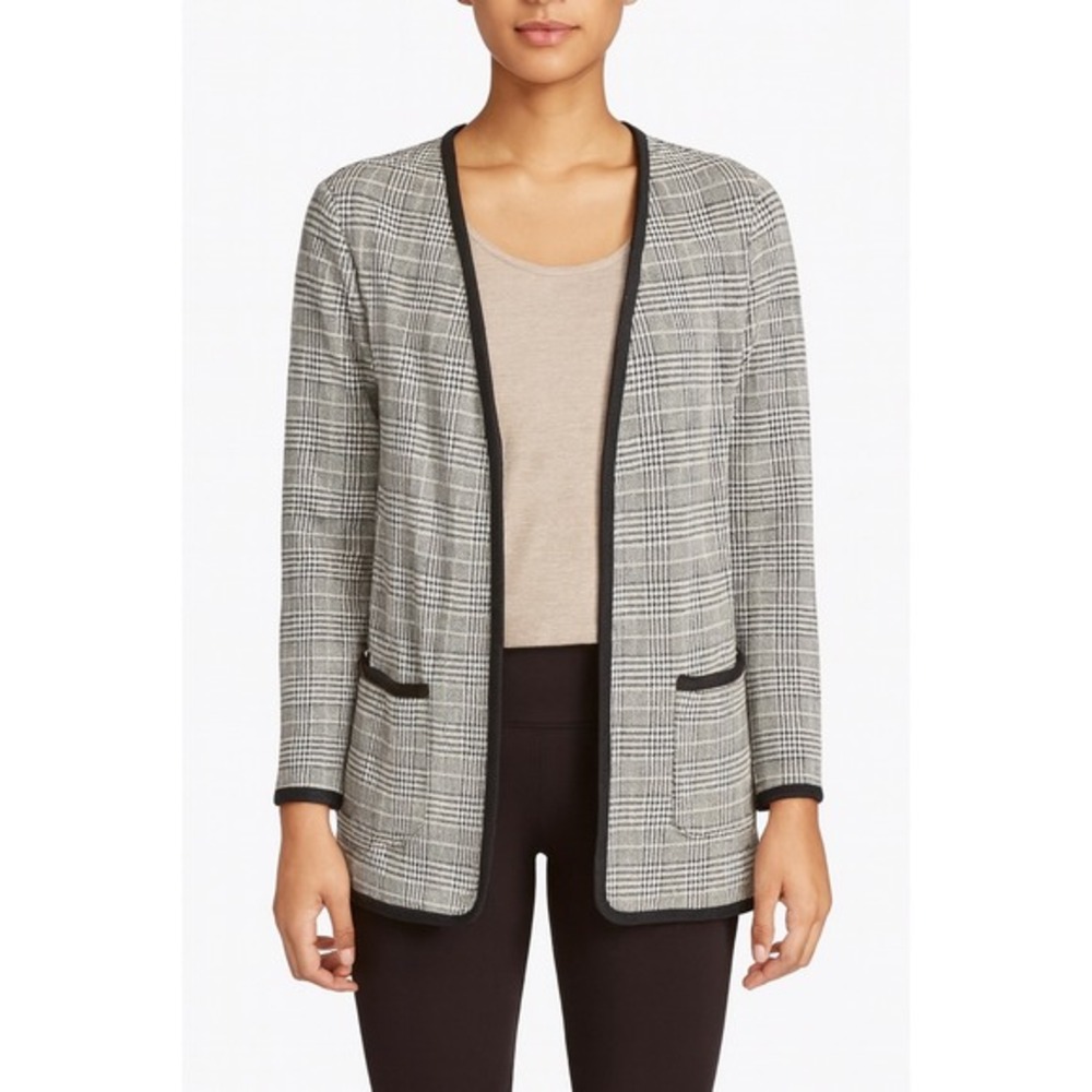 Max Studio Plaid Open Front Swing Blazer S Black White Gray Academia Chic 62-15